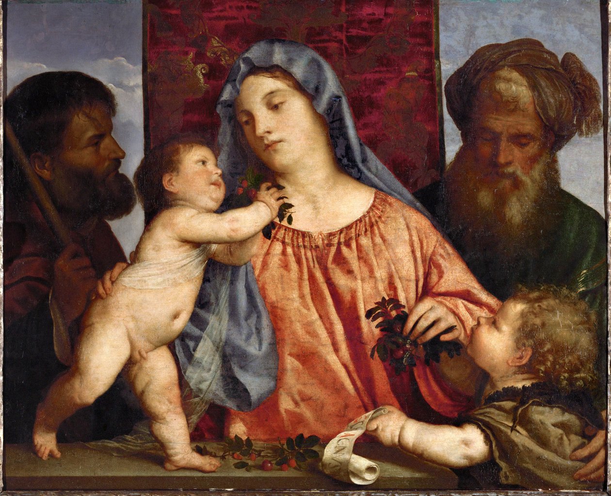 Madona s třešněmi ... (olej na plátně) od Titian (c.1488 1576)