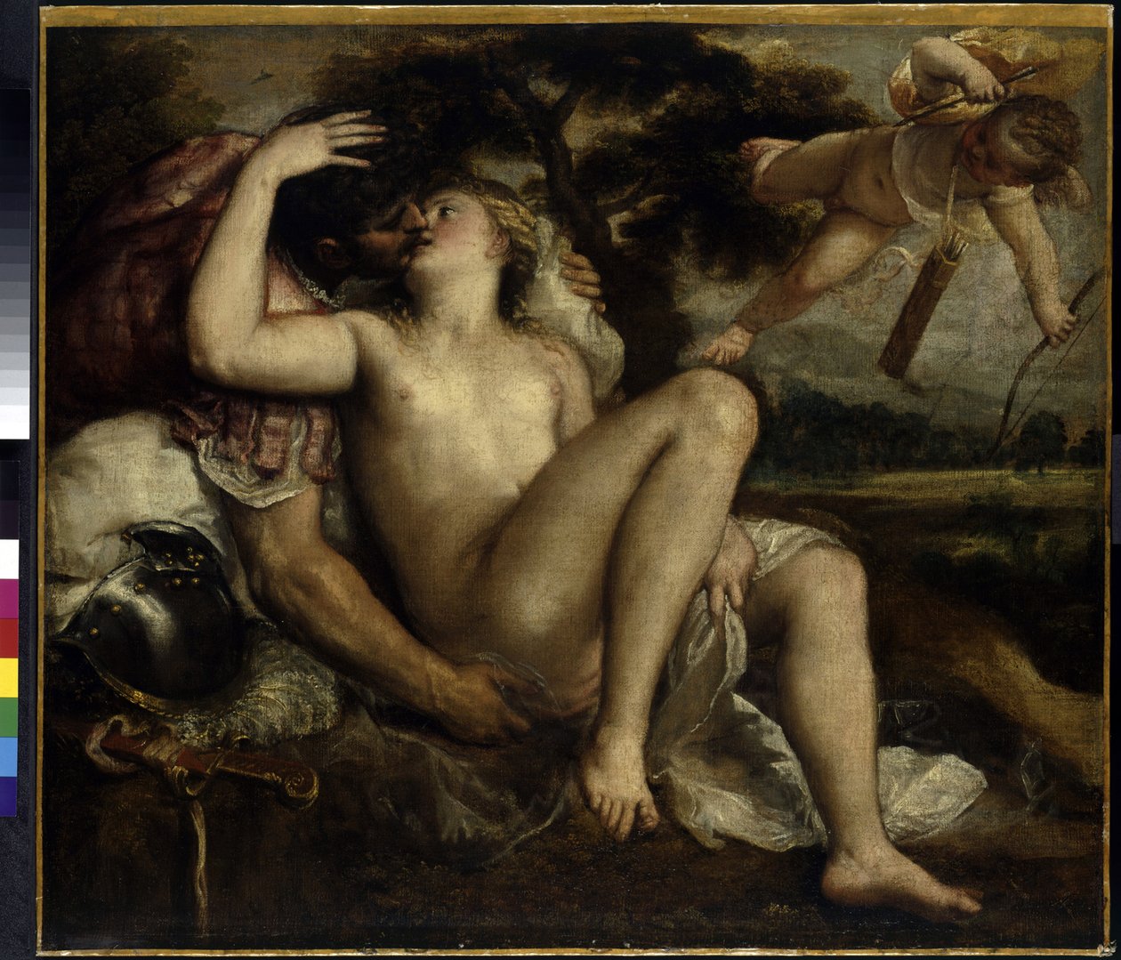 Mars, Venuše a Amor. Obraz od Tiziana Vecelliho nebo Vecellia nebo Tiziana da Cadora, známého jako Tizian nebo Le Titian (kolem 1490-1576), olej na plátně, kolem roku 1530. Italské umění (Benátky) od Titian (c.1488 1576)