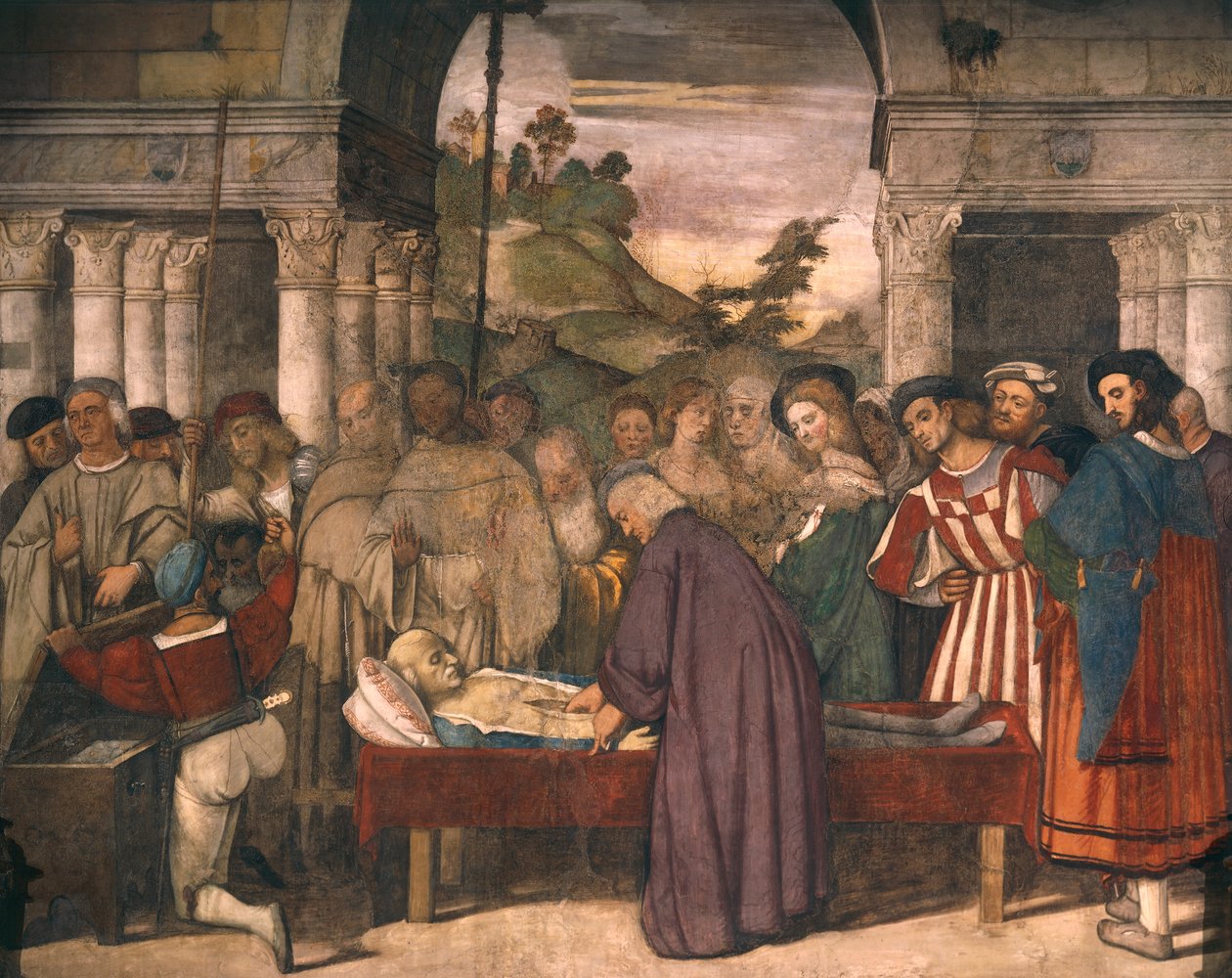 Zázrak srdce lakomce, detail ze scény ze života svatého Antonína Paduánského od Tiziana (asi 1490-1576), freska, Škola svatého nebo Scoletta, Padova od Titian (c.1488 1576)