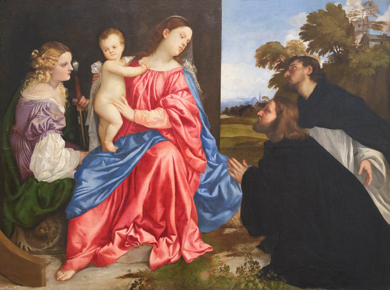 Posvátný rozhovor se svatými Kateřinou a Dominikem a dárcem, kolem roku 1533 (olej na plátně) od Titian (c.1488 1576)