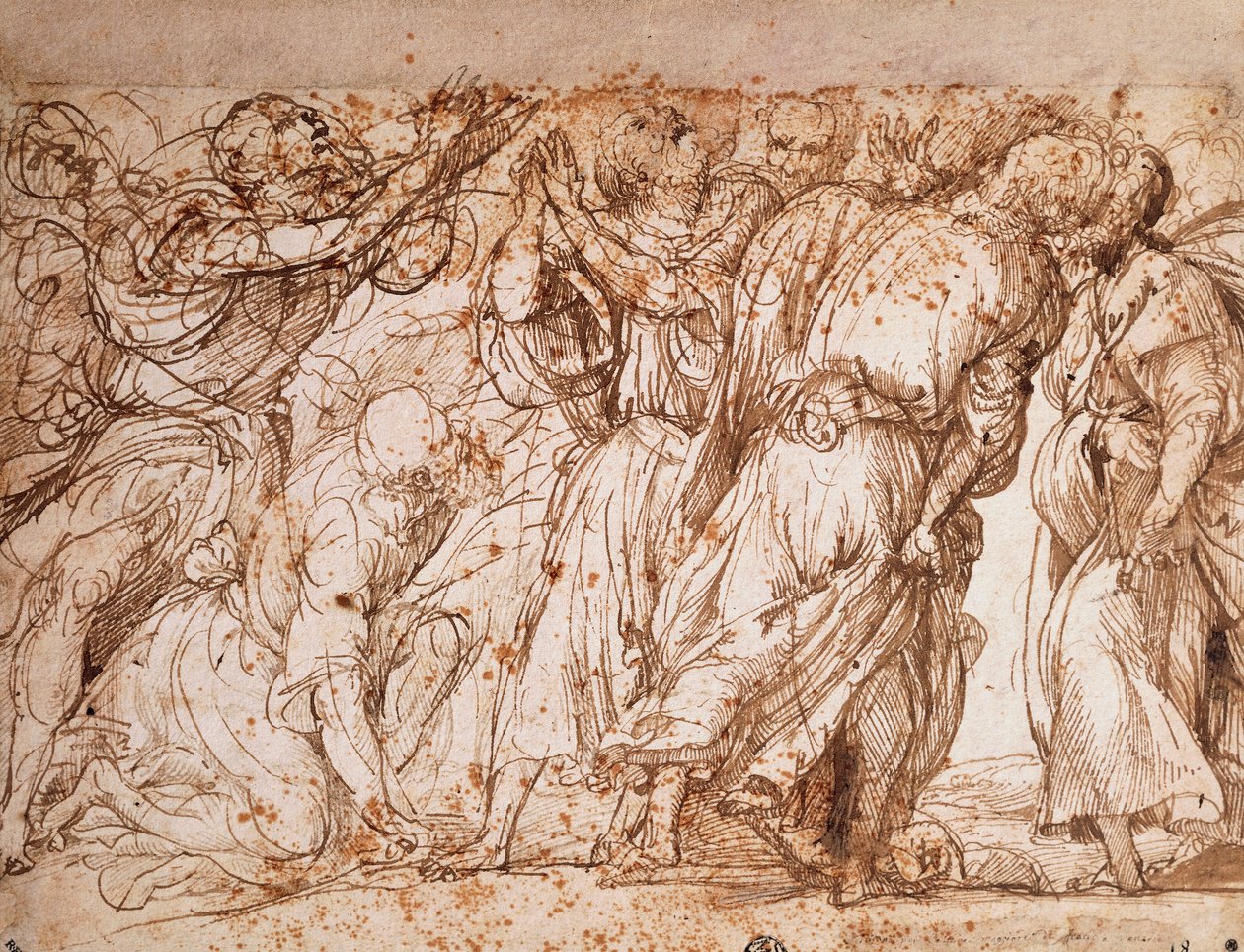 Studie skupiny apoštolů v kostele Nanebevzetí bratrů v Benátkách, Tiziano Vecellio (asi 1490-1576), kresba perem a tuší od Titian (c.1488 1576)