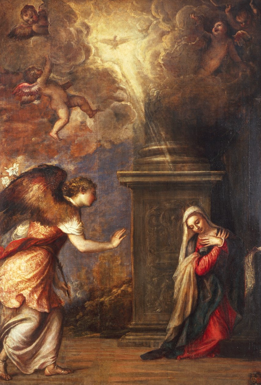 Zvěstování, od Tiziana (asi 1490-1576), z kostela San Domenico Maggiore v Neapoli, olej na plátně, 280x210 cm od Titian (c.1488 1576)