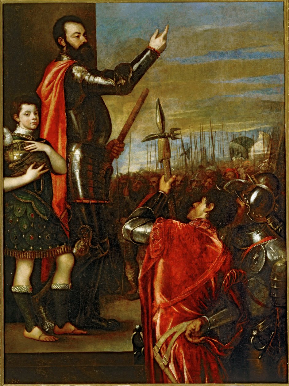 Markýz z Vasto promlouvá ke svým vojákům... (malba na plátně) od Titian (c.1488 1576)