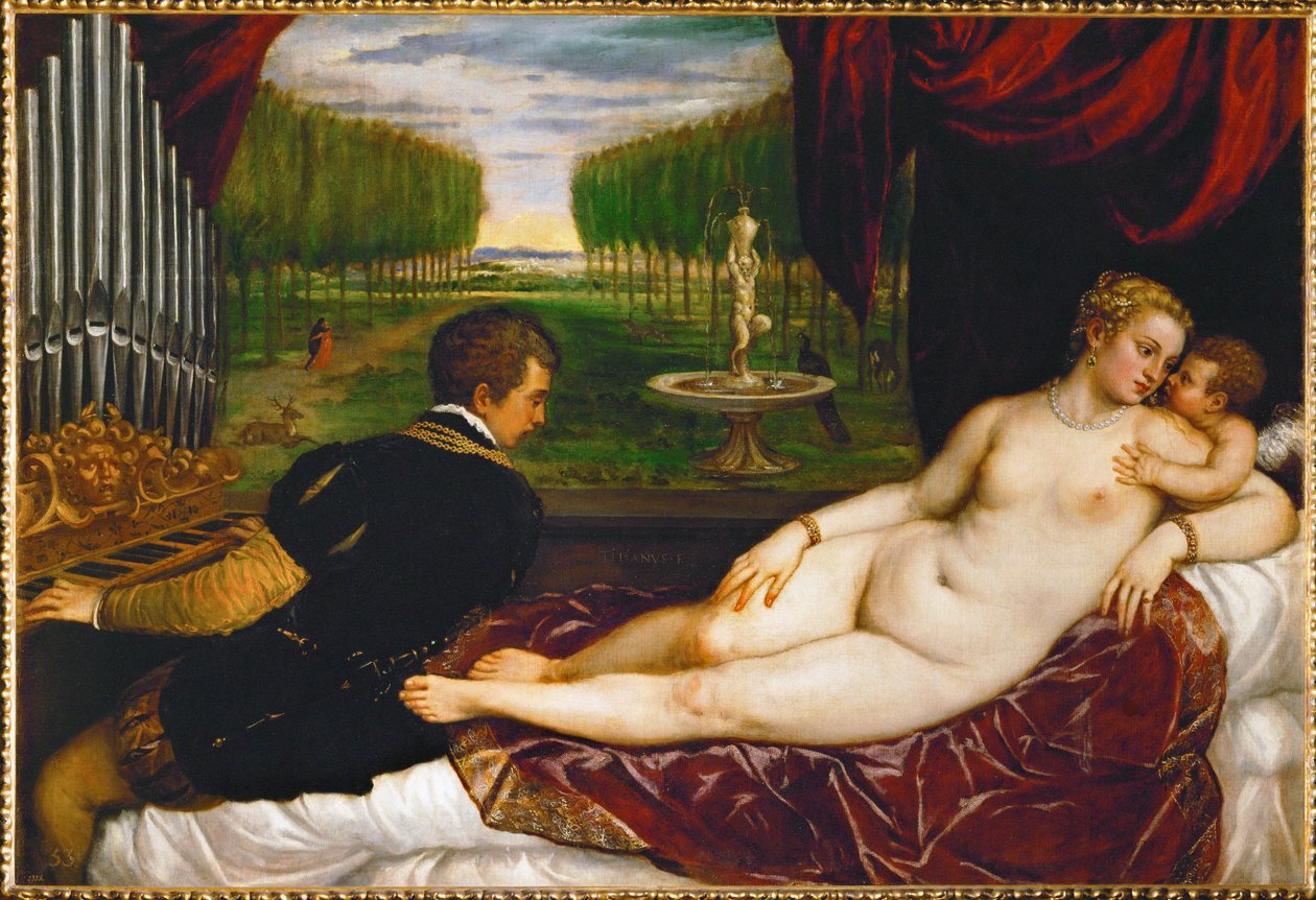 Venuše, Amor a varhaník ... (malba na plátně) od Titian (c.1488 1576)