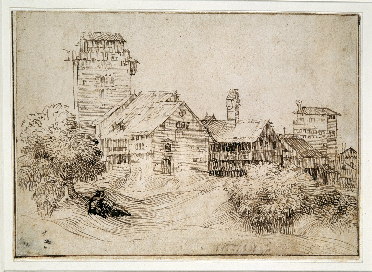 Alpská vesnice a milenci v objetí (pero a inkoust na papíře) od Titian (c.1488 1576) (after)