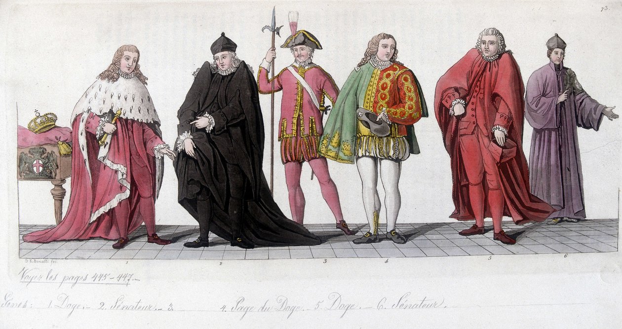 Nobles Venitians (dóže, Page a senátor). Rytina inspirovaná Tizianem Vecelliem známým jako Le Titian (1485-1576) a replikovaná v mozaikách baziliky svatého Marka. V „Starém a moderním kostýmu“ 1819-1820 od Julese Ferraria. od Titian (c.1488 1576) (after)