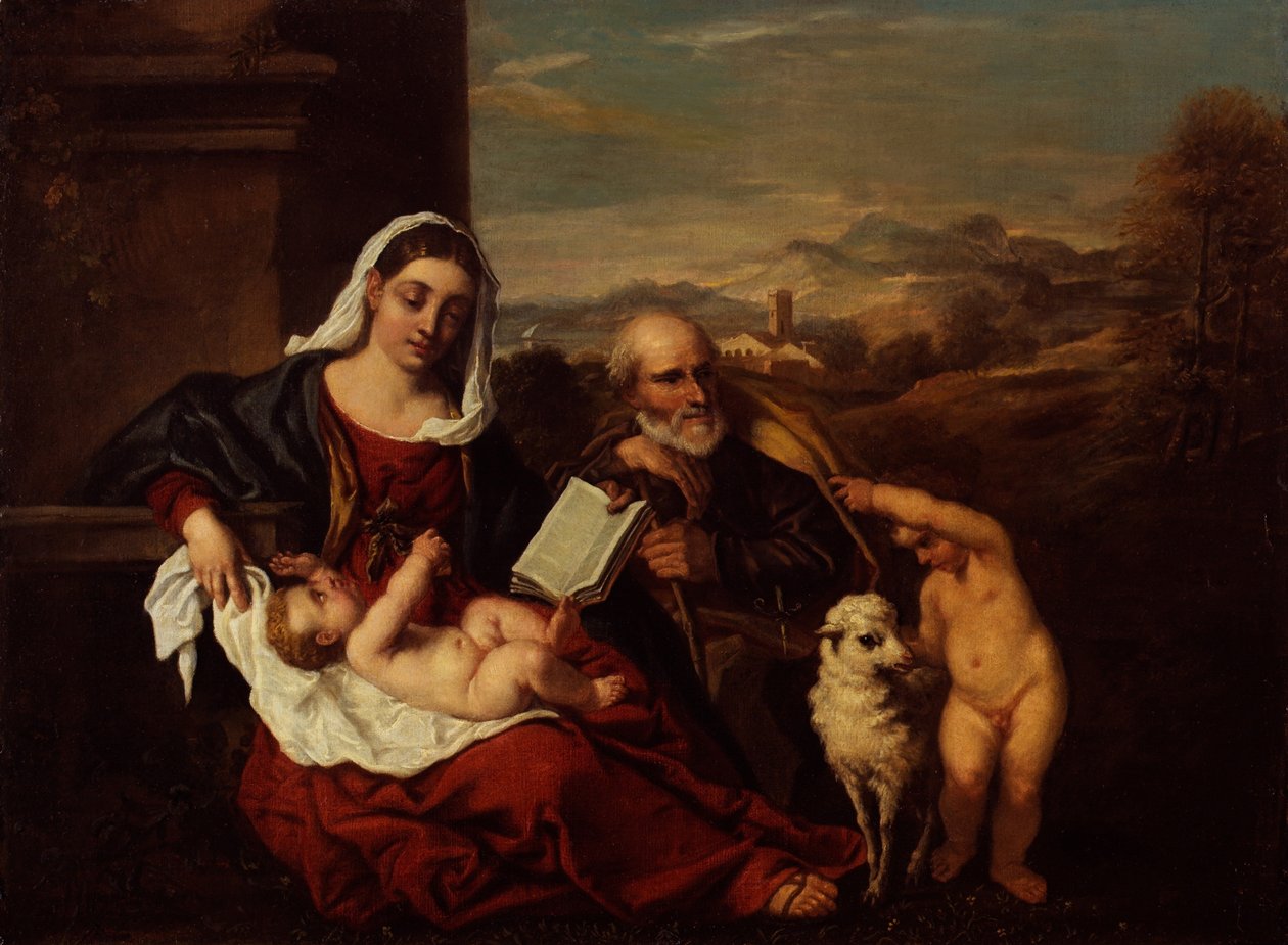 Svatá rodina s nemluvnětem svatým Janem Křtitelem (olej na plátně) od Titian (c.1488 1576) (after)