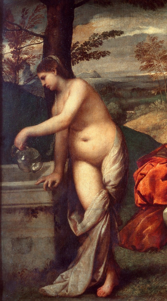 Koncert kapely Muzikanti na trávě, ženy jsou nahé. Detail jednoho z nich, jak plní svůj džbán do fontány. Obraz připisovaný Tiziano Vecellio dit le Titian (1485-1576) nebo Giorgio da Castelfranco dit Giorgione (1476/1478-1510) Sun. 1,05 X 1,36 m Pari od Titian (c.1488 1576) (attr. to)