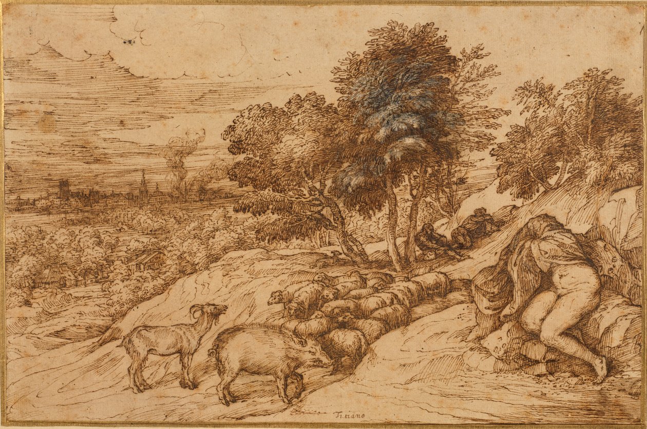 Lesnatá krajina s nahou ženou s hlavou zakrytou pláštěm (pero a hnědý inkoust na krémovém papíře) od Titian (c.1488 1576)