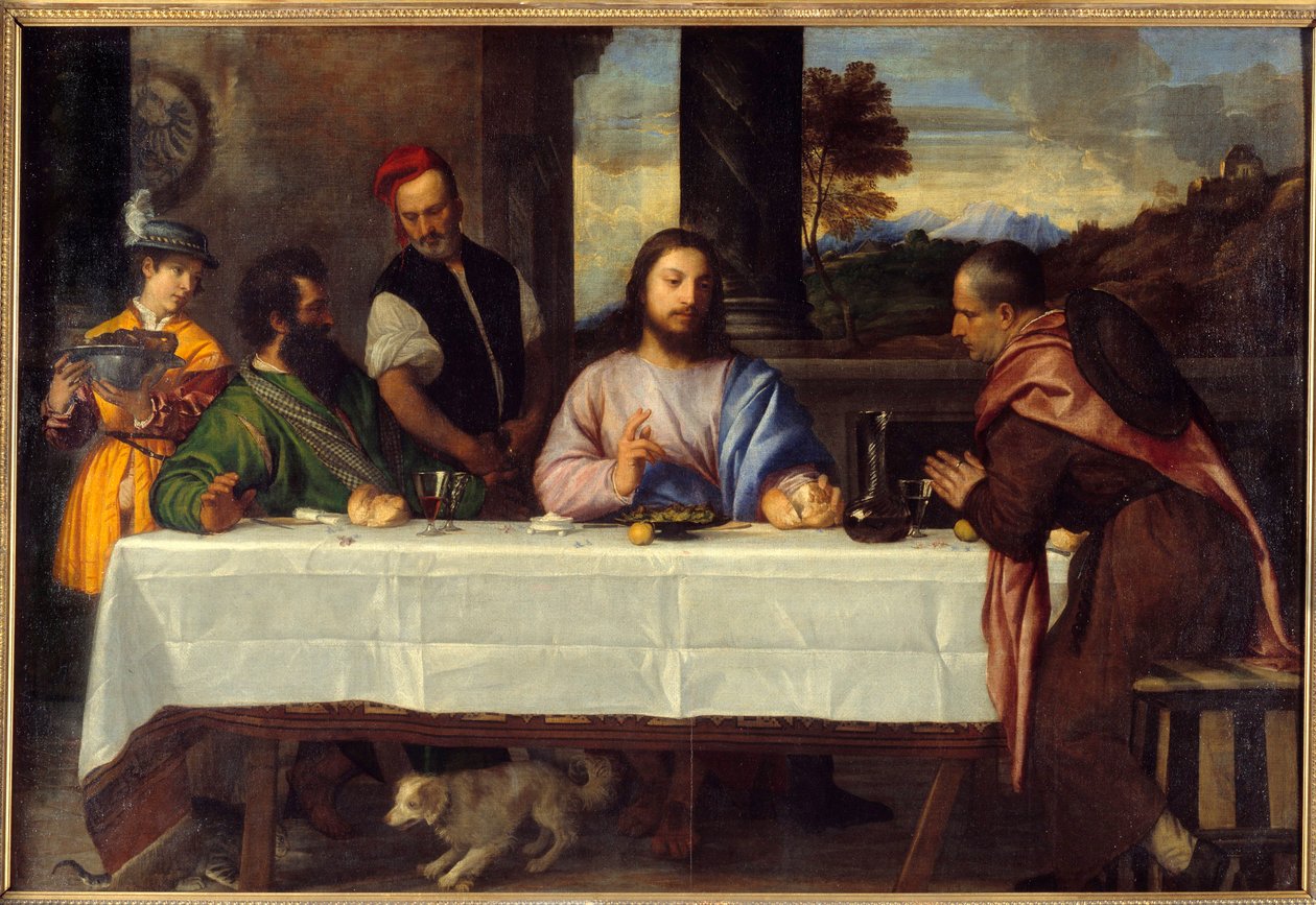 Večeře v Emauzích Seznamte se s Ježíšem s peleriny. Obraz od Tiziana Vecellio dit le Titian (1485-1576) 16. století Sun. 1,69x2,44m od Titian (c.1488 1576)