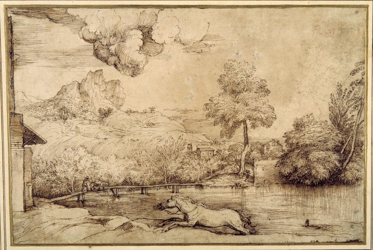 Krajina: kůň bez jezdce pronásledovaný hadem (pero a hnědý inkoust na smetanově zbarveném papíře) od Titian (c.1488 1576)
