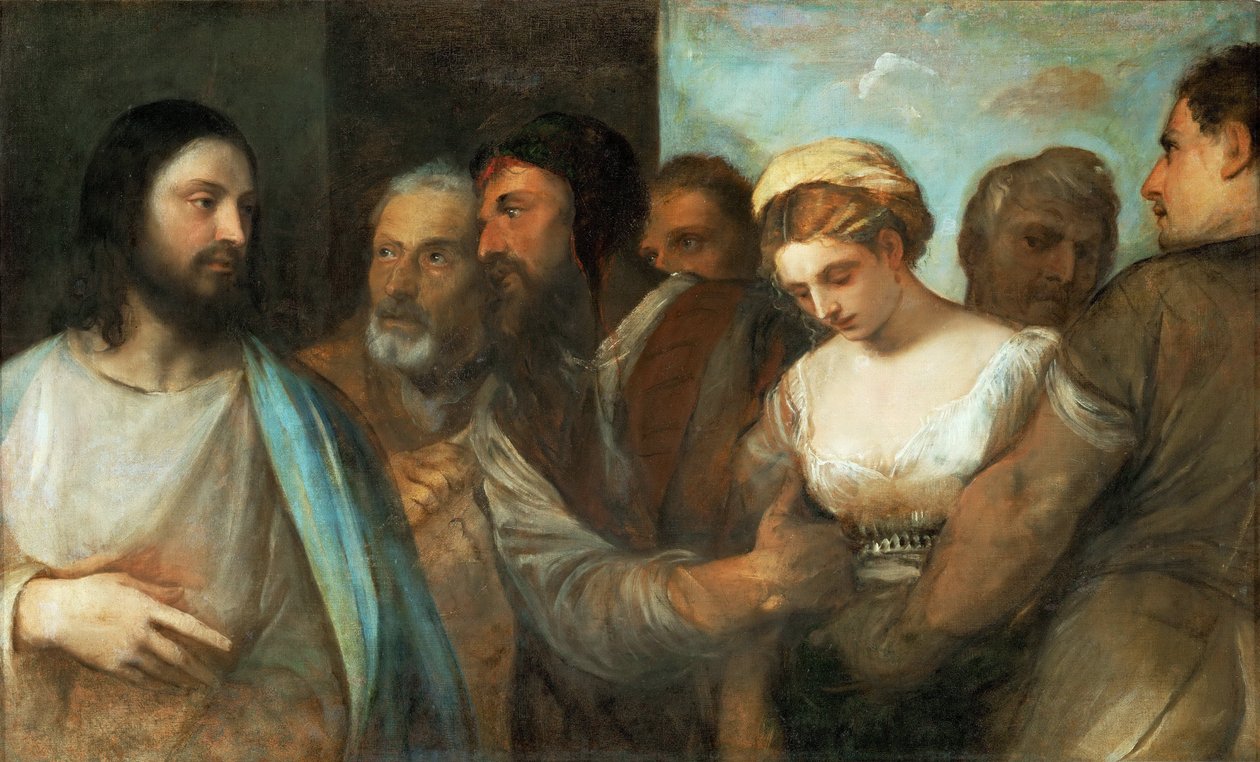 Le Christ et la femme adultere - Kristus a žena chycená v cizoložství, Tizian (1488-1576). Olej na plátně, c. 1520. Rozměr : 82,5x136,5 cm. Uměleckohistorické muzeum, Vienne od Tiziano Vecelli