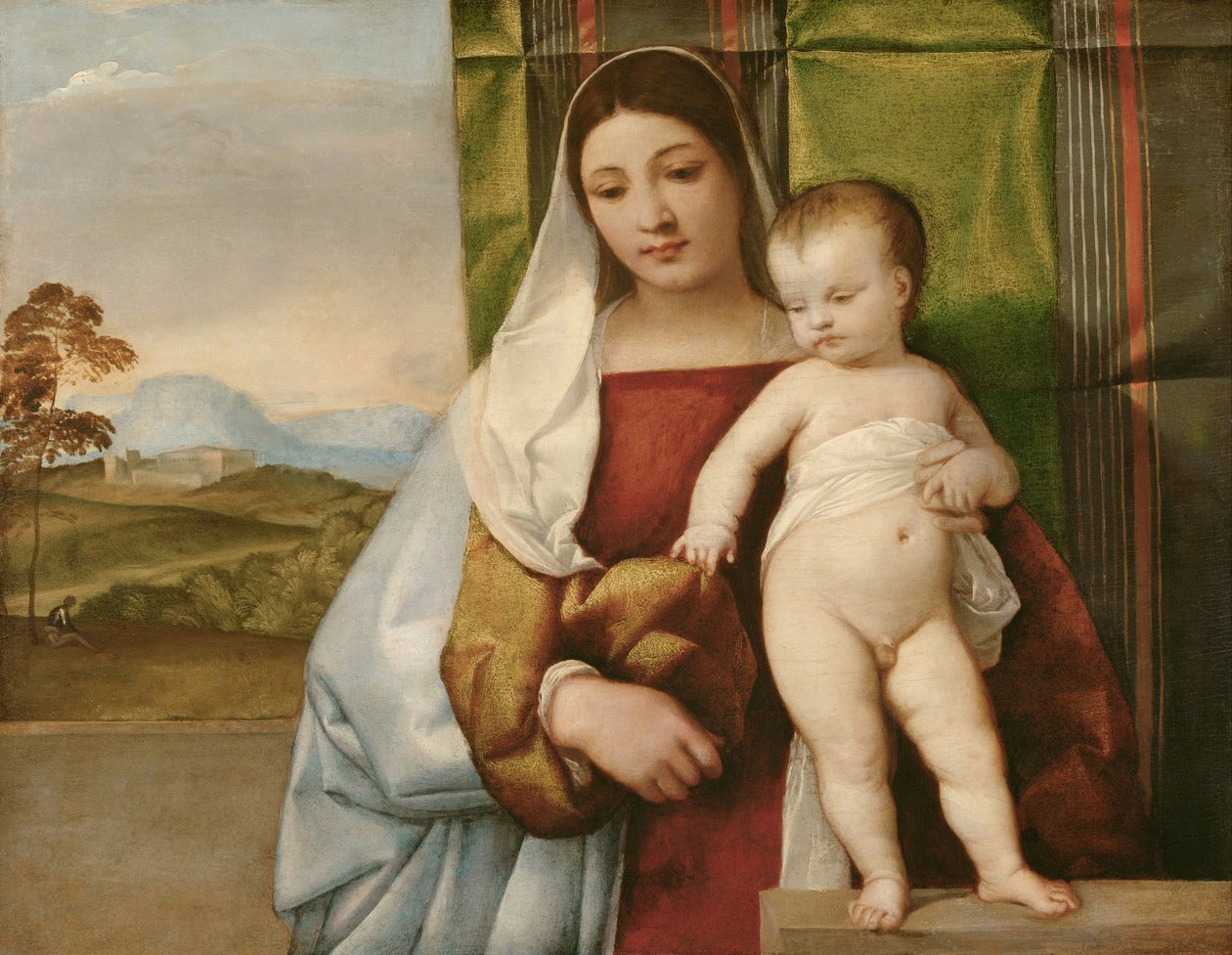 ""Madonna zingarella"" (La madone bohemienne) (Cikánská madona) Obraz Tiziana (Titian nebo Tizian) (1488-1576) kolem roku 1510 - Olej na dřevě Rozměr 65,5x83,5 cm Muzeum dějin umění, Vídeň od Titian (c.1488 1576)