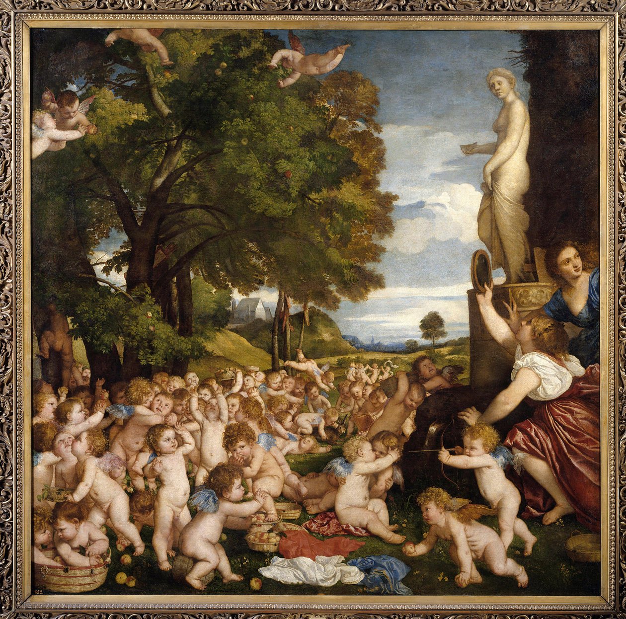 Offrande a Venus Malí amours (angeloti) se scházejí, aby vzdali hold bohyni Afroditě - obraz Tiziana Vecellia zvaného Tizian (1485-1576) 1518 Slunce. 1,72 X 1,75 m Madrid musee du Prado - Uctívání Venuše - Obraz Tiziana Vecellia zvaný Sýkora od Tiziano Vecelli