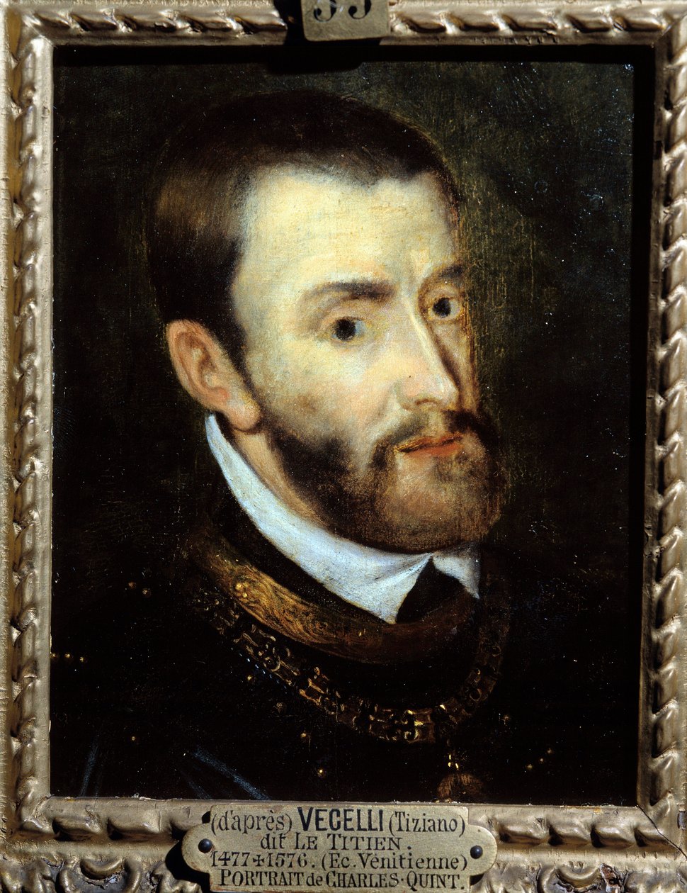 Portrét císaře Karla V. (1500-1558) Obraz od Augustina Quesnela (1595-1661) podle Tiziana Vecellia známý jako Le Titian (1485-1576) 16. století. Chantilly, Musee Conde od Titian (c.1488 1576)