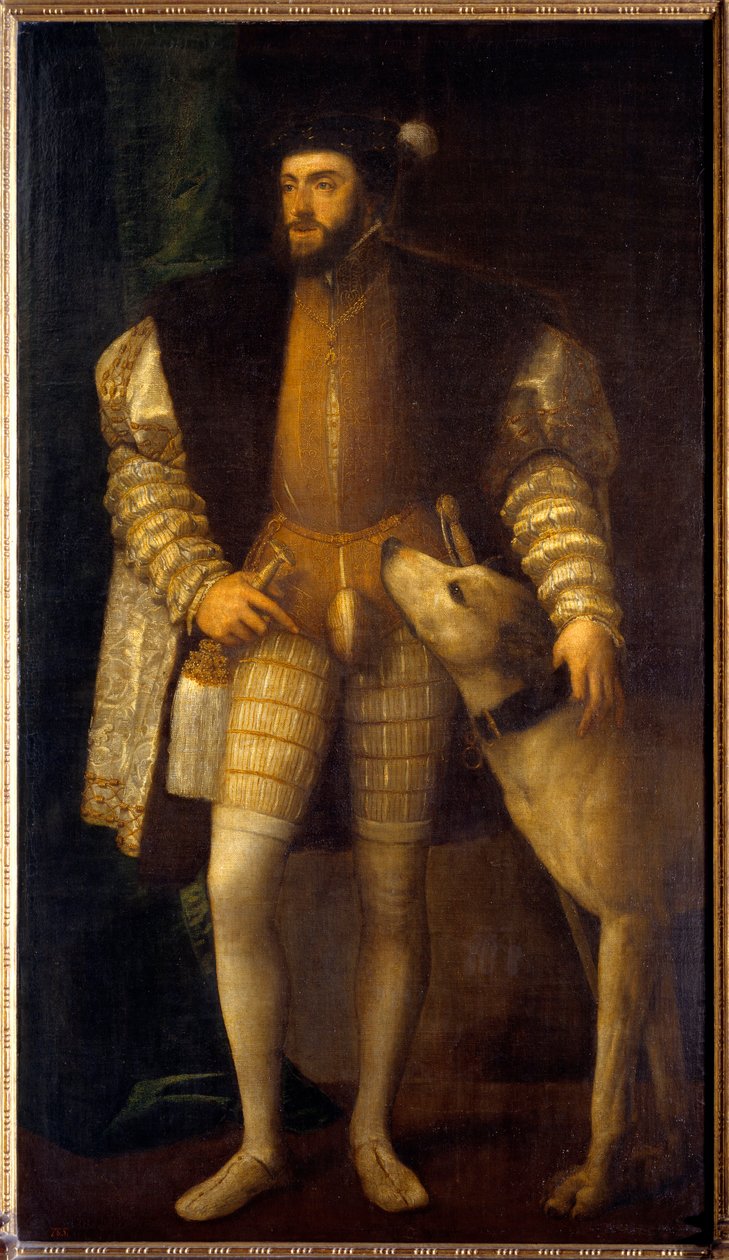 Portrét císaře Karla V. (1500 - 1558) ve věku 35 let se psem Samperem. Tiziano Vecellio dit Le Titian (1485-1576) od Tiziano Vecelli