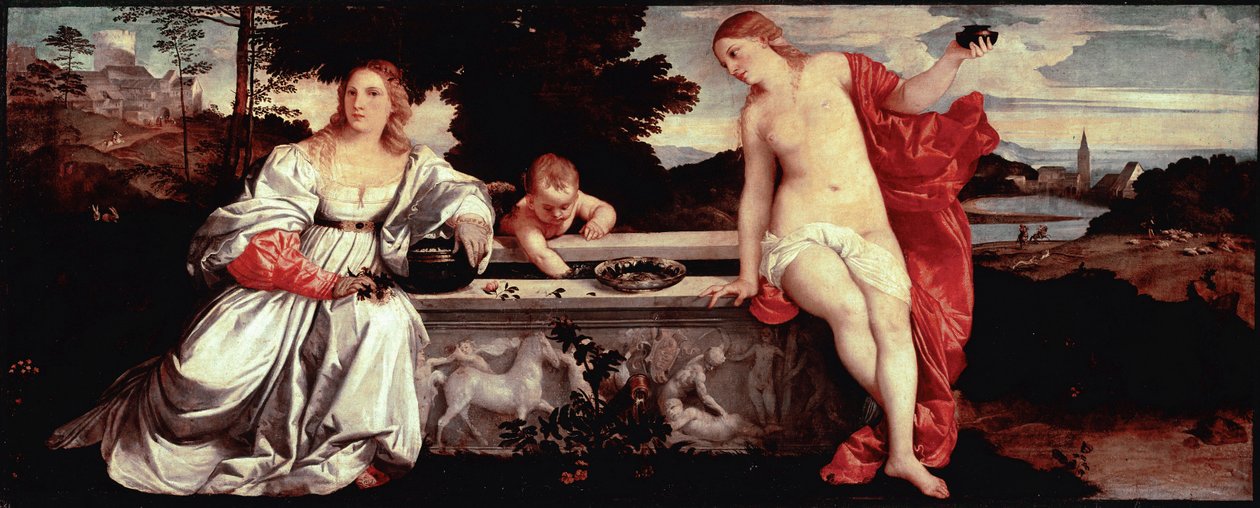 Posvátná láska a světská láska Obraz Tiziana Vecellia zvaný Tizian (1490-1576) 1515 cca. Slunce. 118x279 cm Řím, Galleria Borghese - Posvátná a profánní láska - Obraz Tiziana Vecellia, zvaného Tizian (asi 1488-1576), olej na plátně, ca. 1515 (118x279 od Tiziano Vecelli