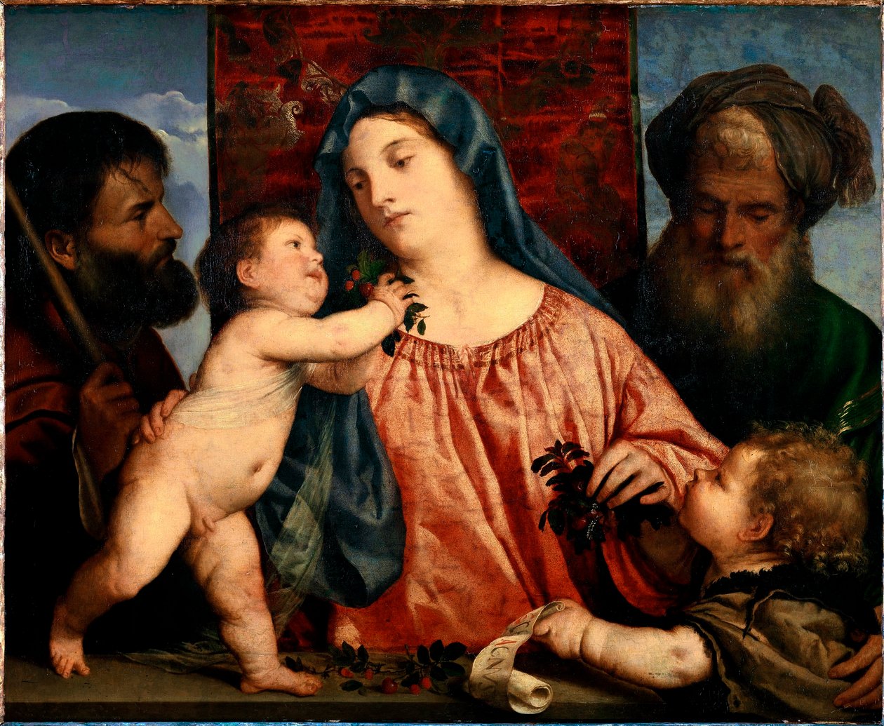 Madona z třešní Svatí Josef, Zachariáš a Jan Křtitel obklopují Marii a dítě. Obraz Tiziana Vecellia zvaný Tizian (asi 1490-1576) 1515-1520 Slunce. 81x99,5 cm Vídeň, Kunsthistorisches Museum, Rakousko od Tiziano Vecelli