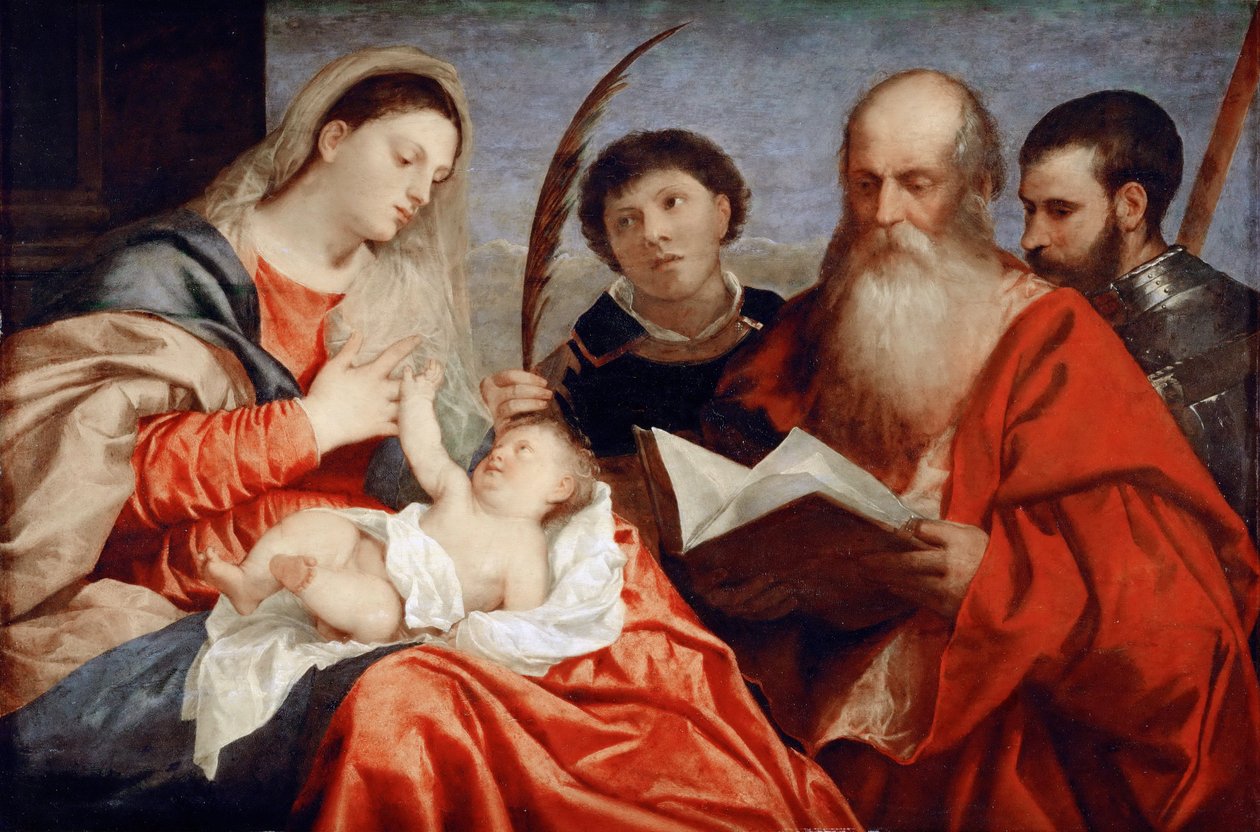 Panna a dítě se svatými Štěpánem, Jeronýmem a Mauricem - Tizianem (1488-1576). Olej na dřevě, c. 1520. Rozměr : 92,7x138 cm. Uměleckohistorické muzeum, Vienne od Titian (c.1488 1576)