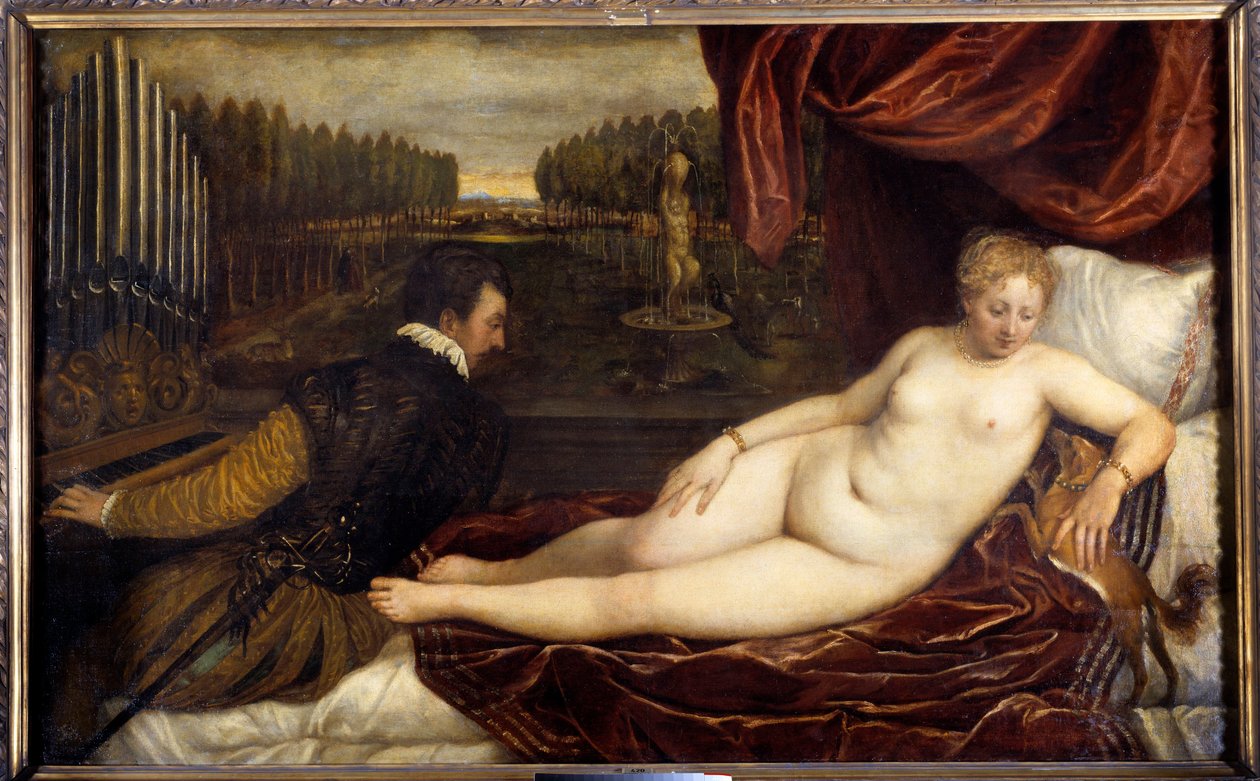 Koncert Un woman nude lie en pres un homme hra na varhany. Obraz Tiziana Vecellia zvaný Tizian (1485-1576) od Tiziano Vecelli