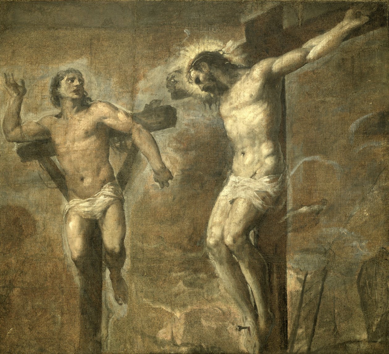 Kristus na kříži a dobrý zloděj, kolem roku 1565 od Tiziano Vecelli