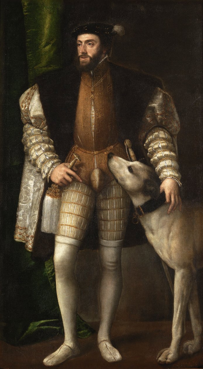 Císař Karel V. s ohařem od Tiziano Vecelli