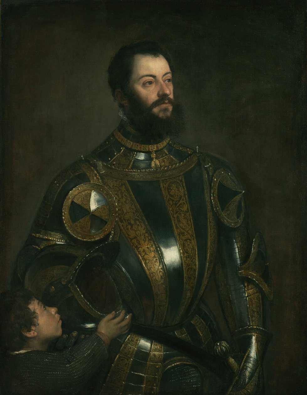Portrét Alfonso dAvalos, markýz z Vasto, v brnění se stránkou od Tiziano Vecelli