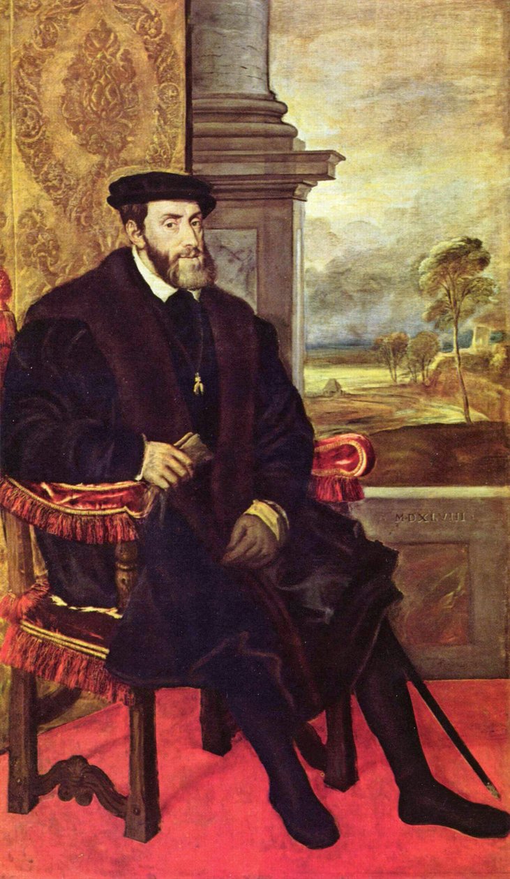 Portrét Karla V. v křesle od Tiziano Vecelli