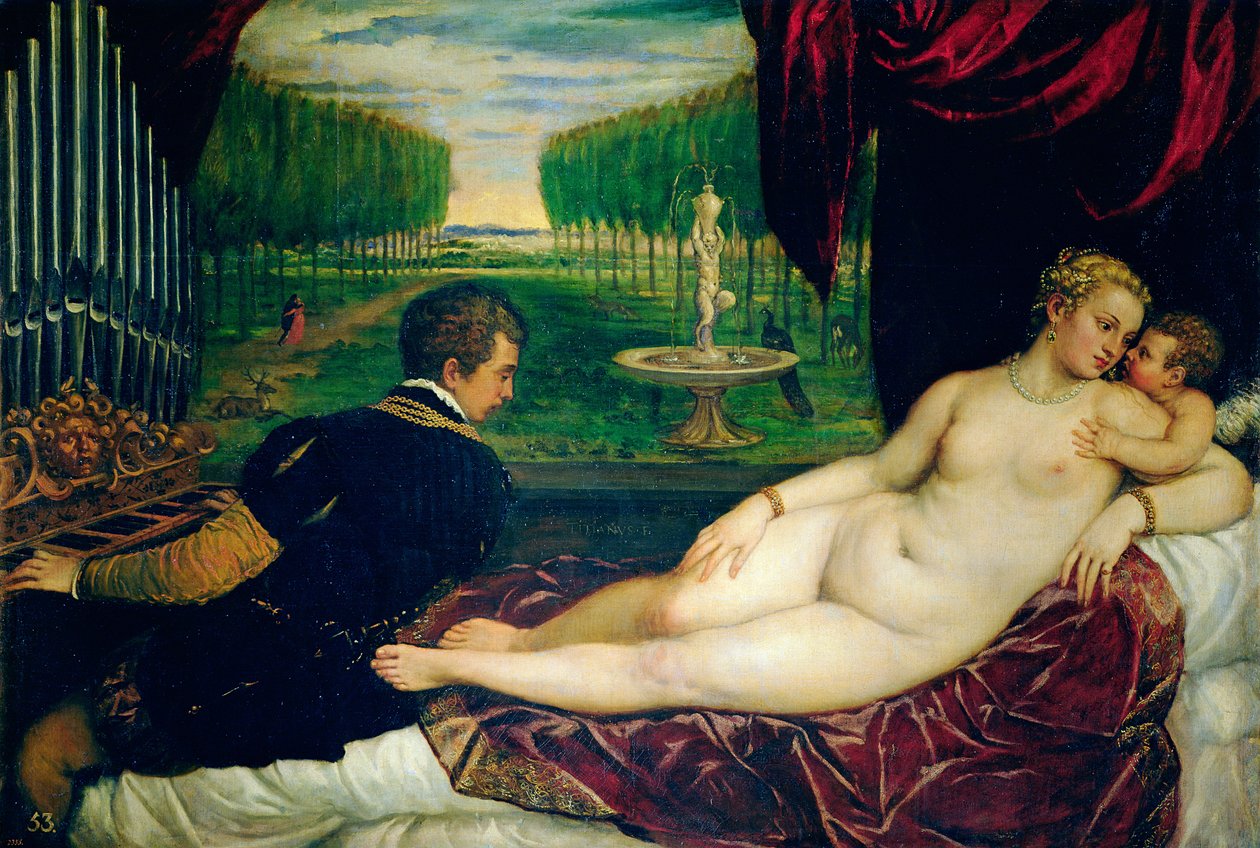 Venuše s varhaníkem a Amorem, kolem 1540-50 od Tiziano Vecelli