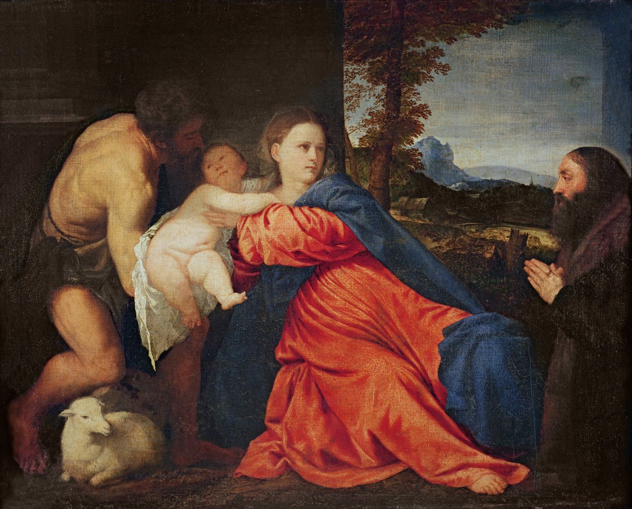 Panna a nemluvně se svatým Janem Křtitelem a dárcem od Tiziano Vecelli