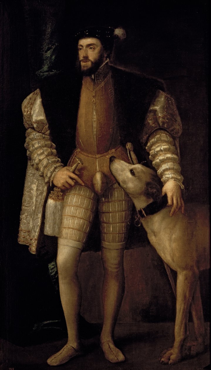 Karel V. (1500-58) císař Svaté říše římské a španělský král se svým psem, 1533 od Tiziano Vecelli