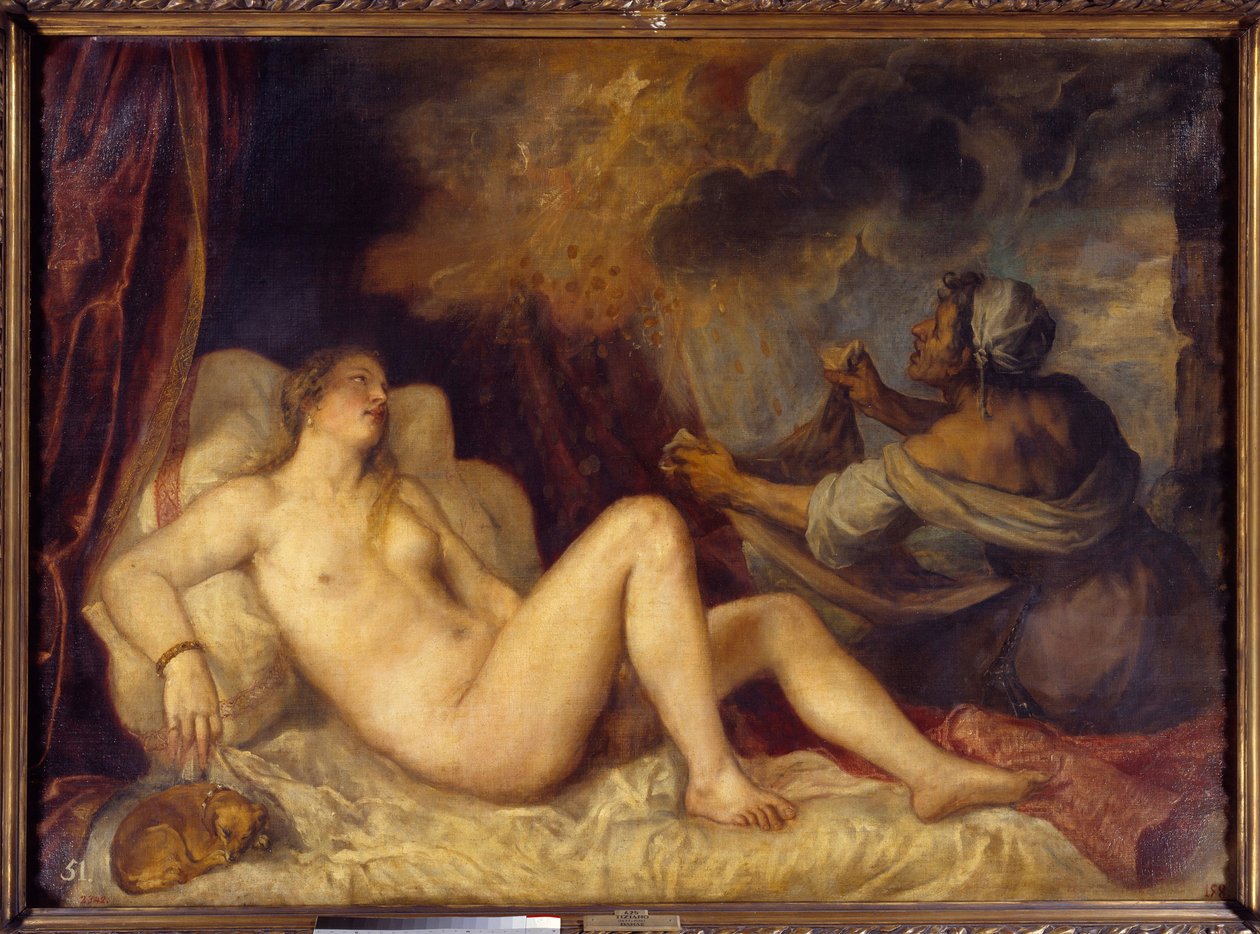 Danae přijímající zlatý déšť Zeus přichází k Danae, aby ho svedl v podobě deště zlatých mincí. Obraz Tiziana Vecellia s názvem The Tizian (1488-1576) 1553 Sun. 1,29x1,8 m Madrid, muzeum Prado od Tiziano Vecelli