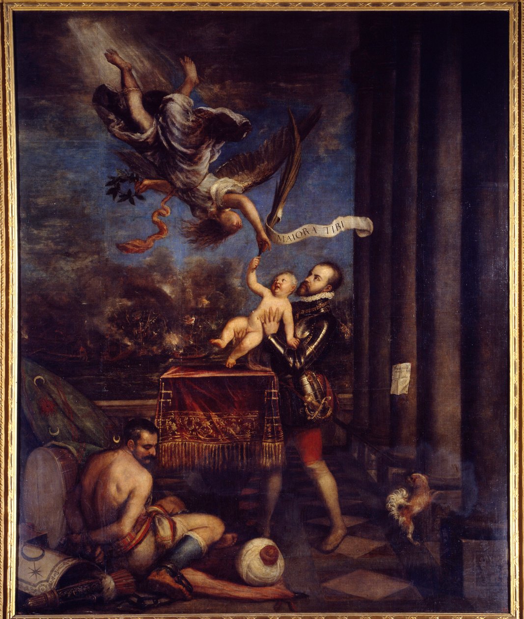 Filip II. po vítězství Lepante (1571) nabídl nebi prince Dona Ferdinanda. Obraz Tiziana Vecellia s názvem The Tizian (1485-1576). Olej na plátně. Rozměr: 3,35 x 2,74 m. Madrid, muzeum Prado. od Tiziano Vecelli