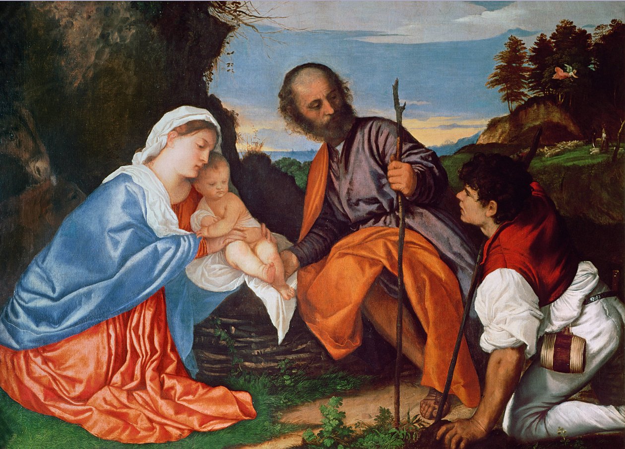 Svatá rodina a pastýř, c.1510 od Tiziano Vecelli