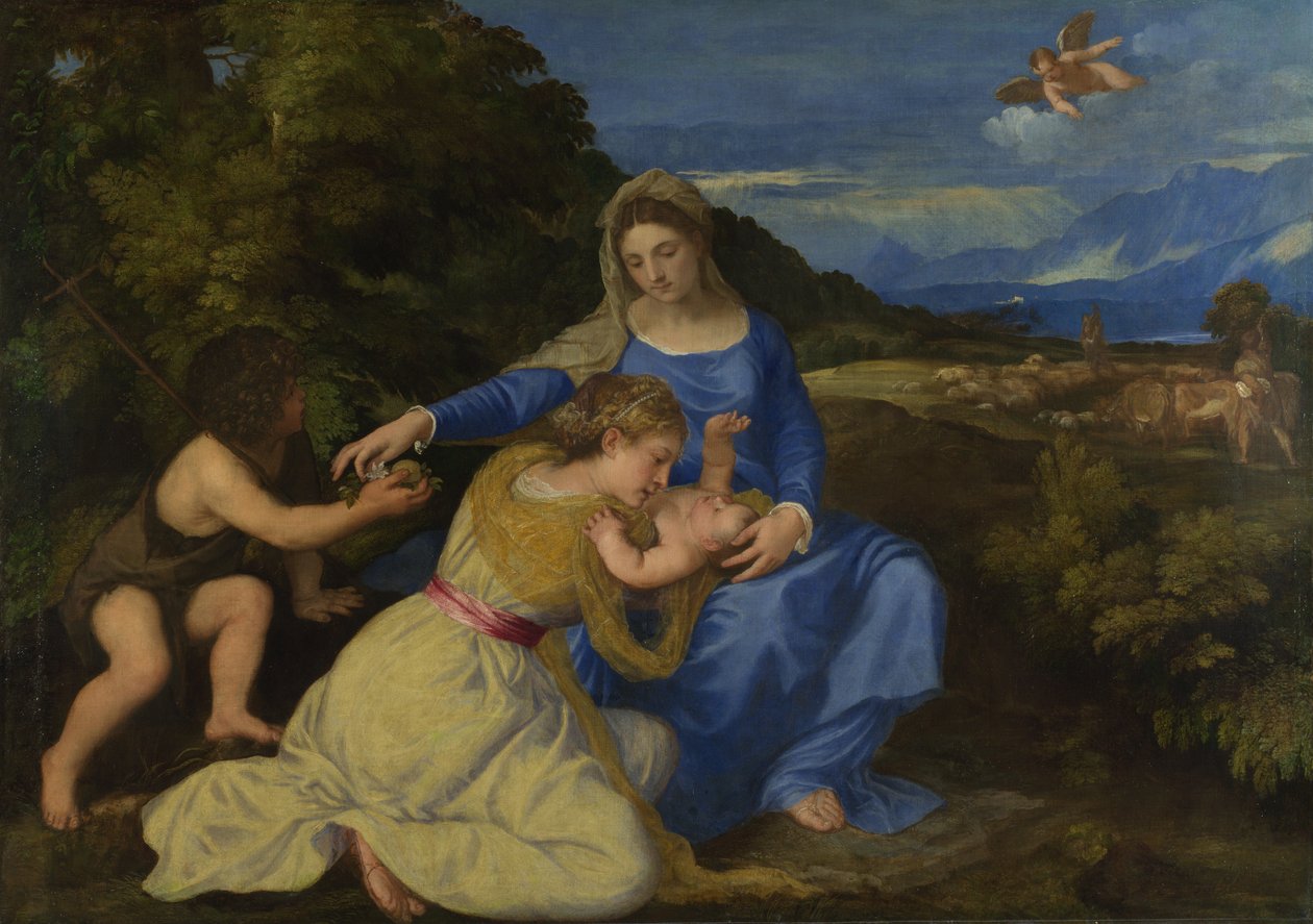 Panna a dítě s mladým svatým Janem Křtitelem Aldobrandini Madonna, asi 1532 od Tiziano Vecelli