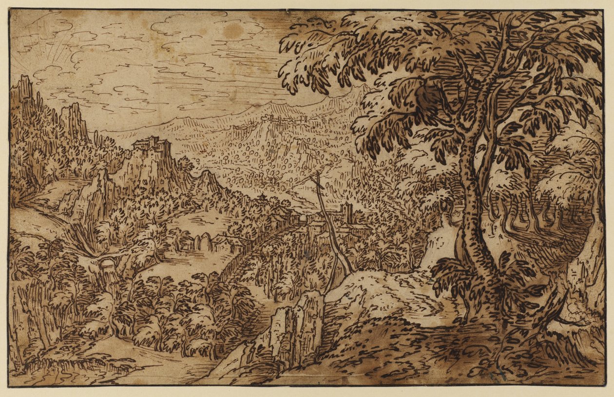 Hornatá krajina s křížem (pero a inkoust s wc na papíře) od Tobias follower of Verhaecht