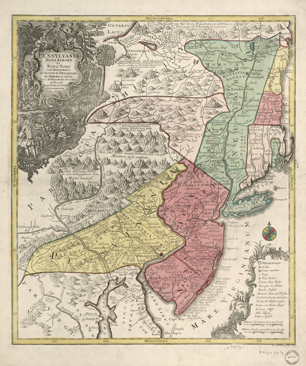 Reliéf zobrazený obrázkově. Také pokryje novou Anglii (zkreslený) a severní Chesapeake oblast. název v latině; poznámky v němčině a latině; legenda v latině, němčině a angličtině. Neidentifikovaný poledník. Provincie označené plk. myje; provincie a kraj bo od Tobias Conrad Lotter