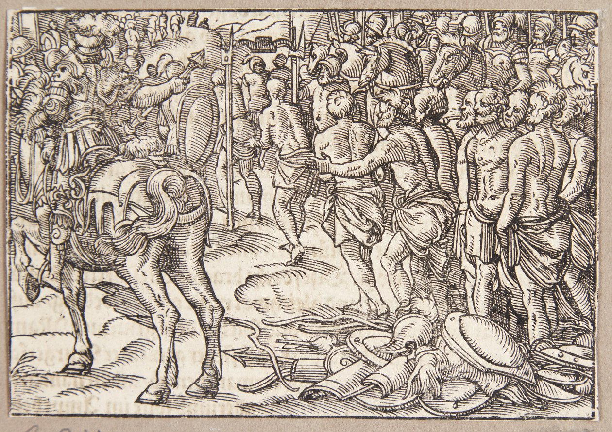 Cincinnatus nařídí Aequianům projít pod jhem od Tobias Stimmer