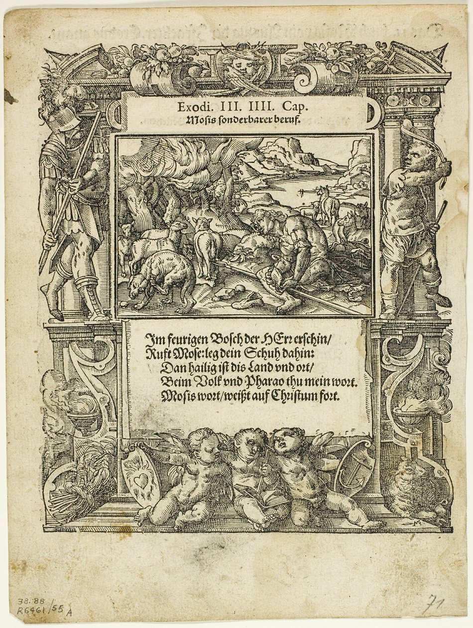 Mojžíš a hořící keř (recto) a Nemluvně Mojžíš vložený do řeky (verso) z Neue künstliche Figuren biblischer Historien, deska 55 z Dřevoryty z knih XVI. století od Tobias Stimmer
