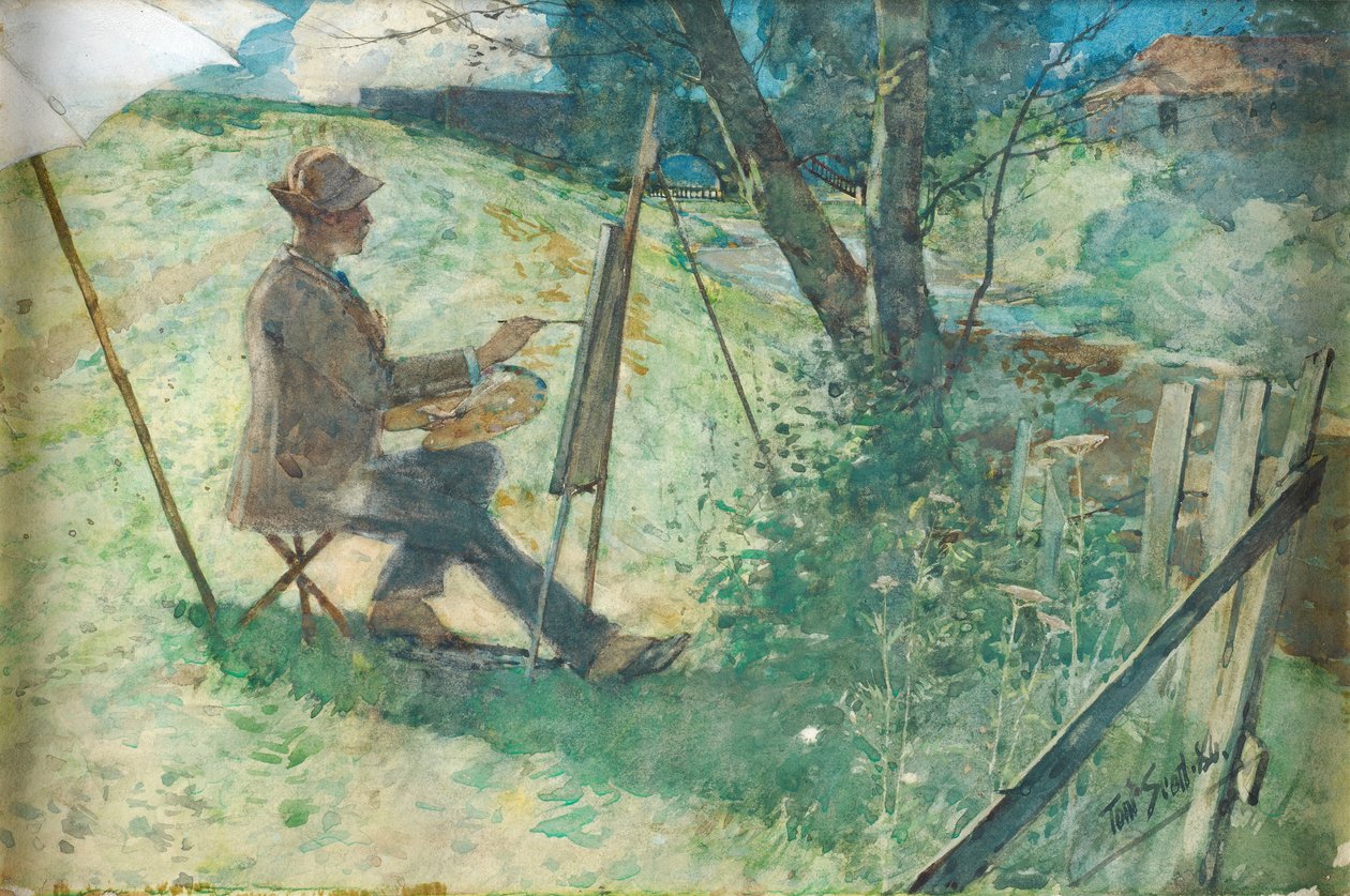 Artist Painting by a Burn, 1886 (wc se zvýšením na papíře) od Tom Scott