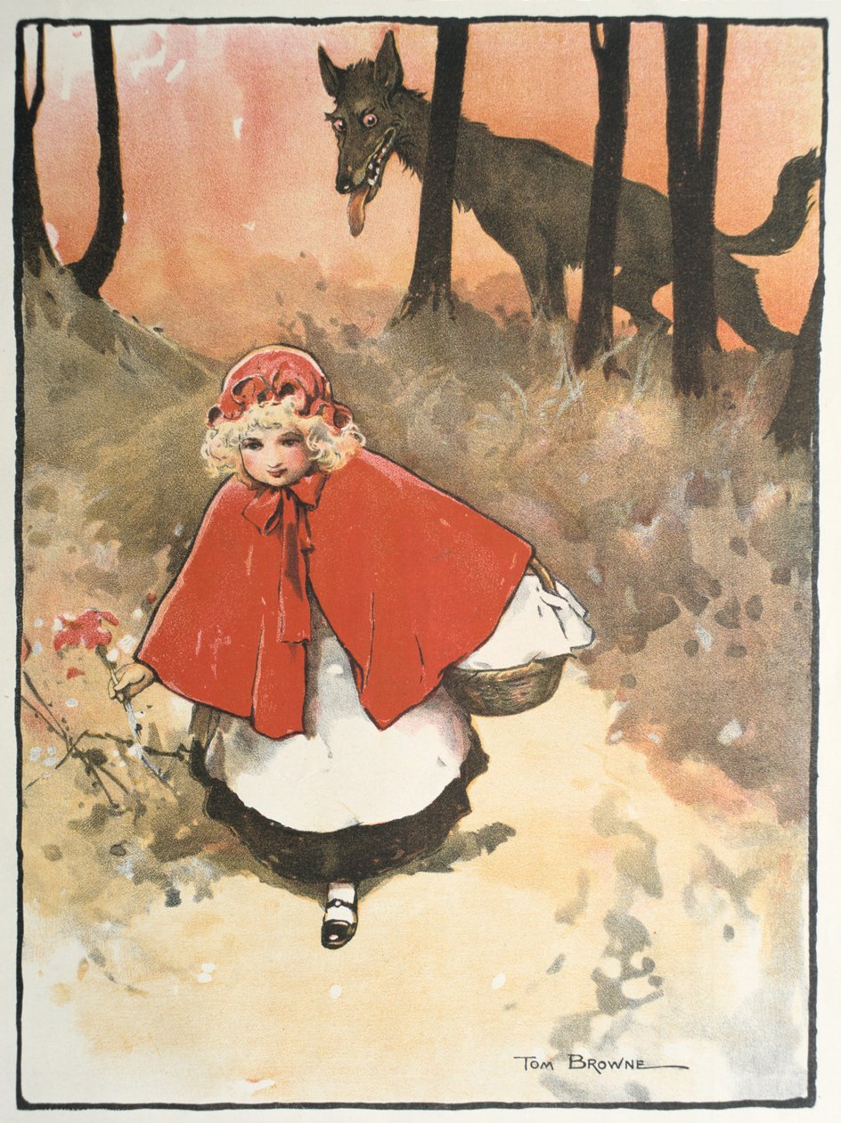 Červenou Karkulku na cestě k babičce pozoruje zlověstný, slídivý vlk. Ilustrace Toma Browna (1872-1910) k pohádce. Vydáno 1900 od Tom Browne