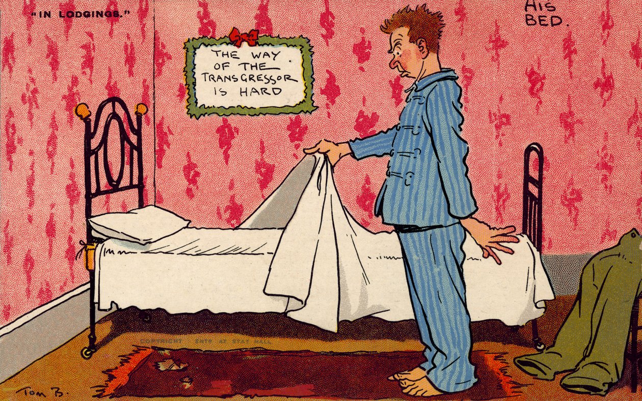 Muž přemýšlí o své nepohodlné jednolůžkové posteli (barevná litografie) od Tom Browne