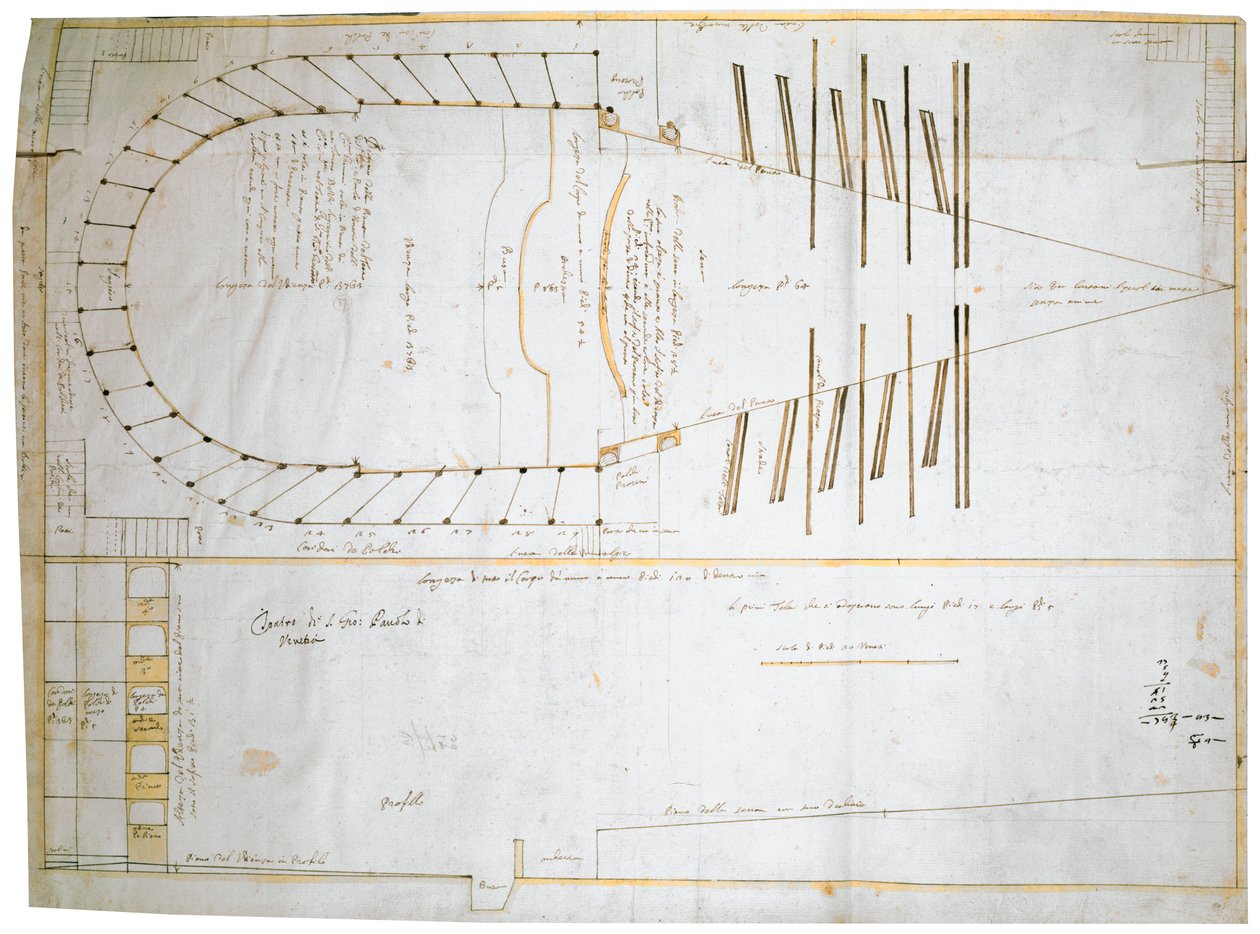 Půdorys pro Teatro Santi Giovanni e Paolo v Benátkách, navržený Carlo Fontana, 1654 (inkoust na papíře) od Tomaso Bezzi