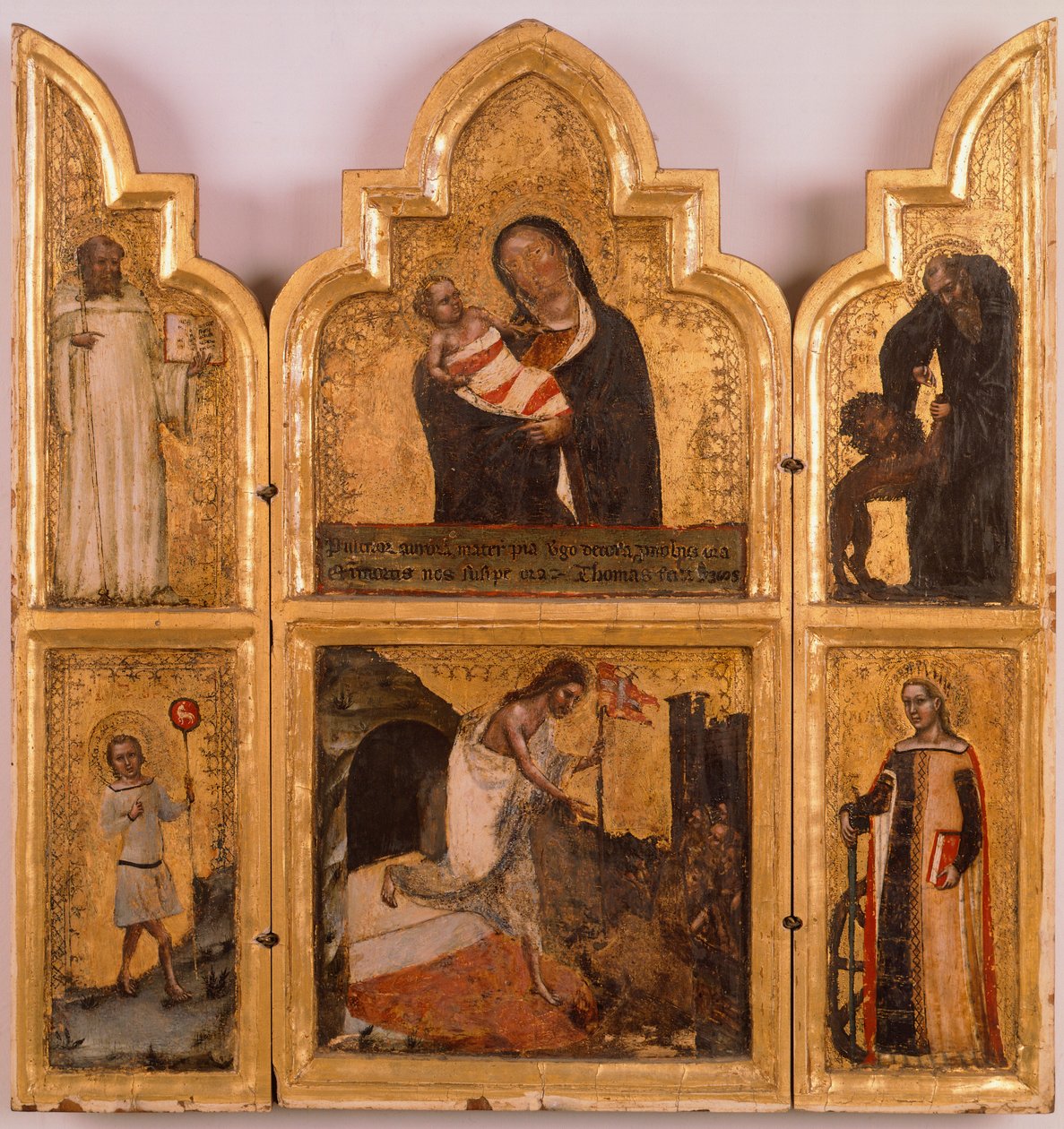 Dřevěný, zlatý polyptych s Pannou a Dítětem, vzkříšení Krista a svatých, od Tommaso da Modena (1326-1379). od Tomaso da (late 15th century) Modena