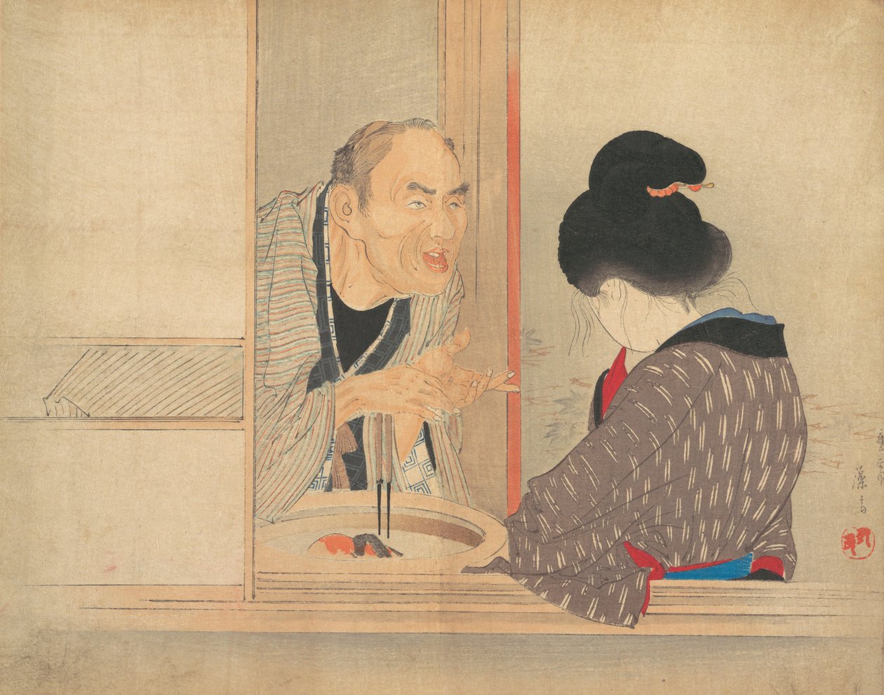 A Scolding Ochiyo, ilustrace z Bugei Kurabu Literary Club. od Tomioka Eisen