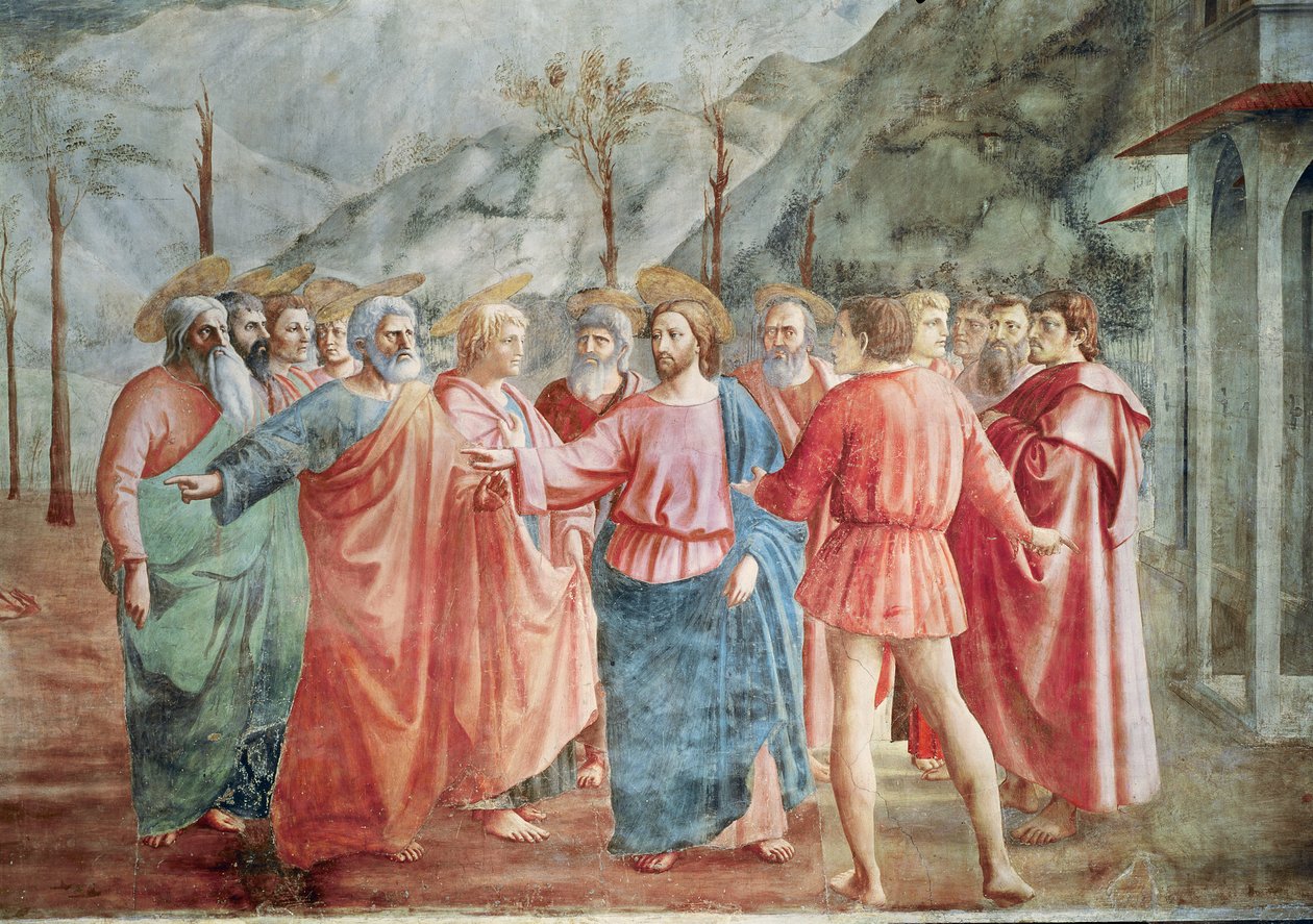 Detail Krista a jeho učedníků, z obrazu Peníze z úplatku, asi 1427 (detail z 31642) od Tommaso Masaccio