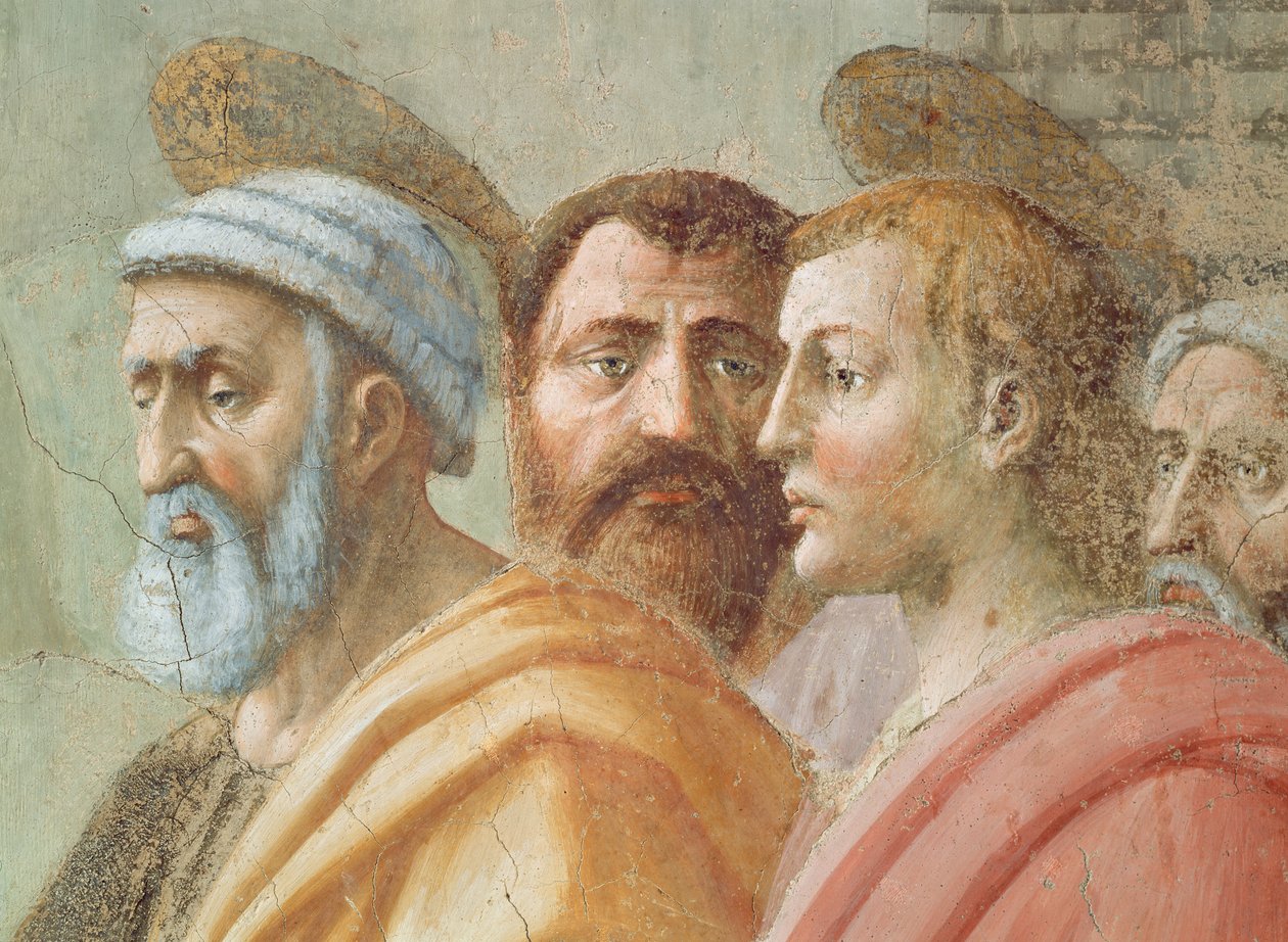 Svatý Petr Rozdává společné statky církve a Ananiášova smrt: detail tváří, včetně sv. Petra, kolem roku 1427 od Tommaso Masaccio