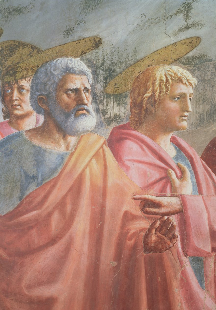 Pocta: Svatý Petr, kterému Kristus přikázal chytit rybu, také sv. Jan Evangelista, kolem roku 1427 od Tommaso Masaccio