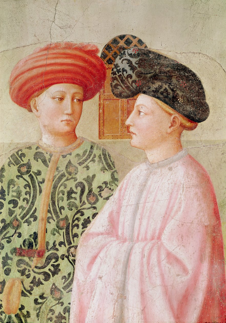 Detail postav za svatým Petrem, ze vzkříšení Tabithy, kolem roku 1427 od Tommaso Masolino da Panicale