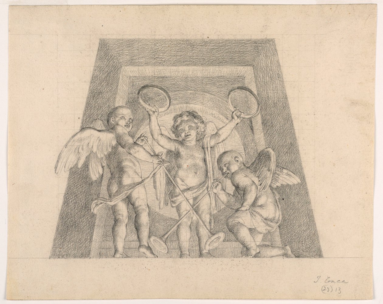 Tři putti s tamburínami a trubkami, Design pro Lunetu ze Sala delle Muse, Museo Pio-Clementino, Vatikán od Tommaso Maria Conca
